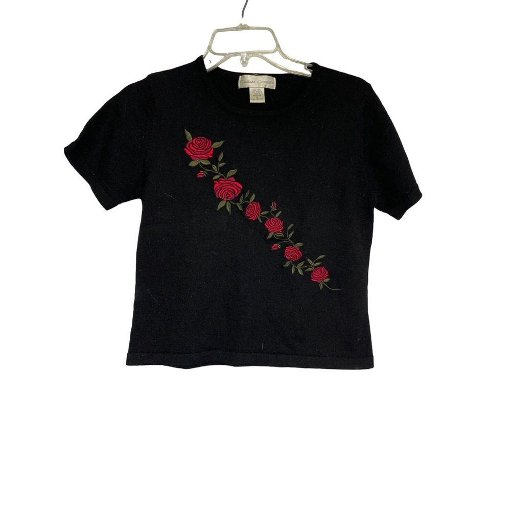 Casual Corner Vintage Black Wool Blend Short Sleeve Rose Embroidered Sweater S